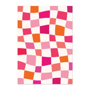 Poster met retro ruitjes patroon in roze en oranje.