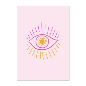 Poster met getekend oog in roze en oranje.