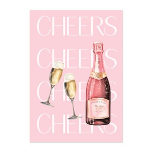 Poster champagne en tekst cheers in roze.