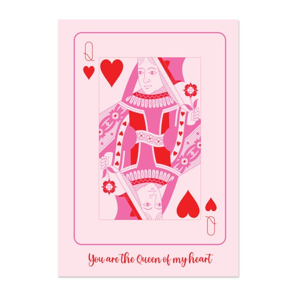 Poster met illustratie van speelkaart van kaartspel harten dame in roze met tekst you are the queen of my heart.