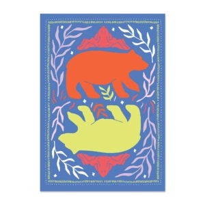 Poster met illustratie van beren en abstracte planten in blauw, oranje en fel groen.