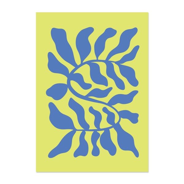 Poster met illustratie van abstracte plant in blauw en fel groen.