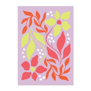 Poster met illustratie van abstracte bloemen in paars en neon kleuren.