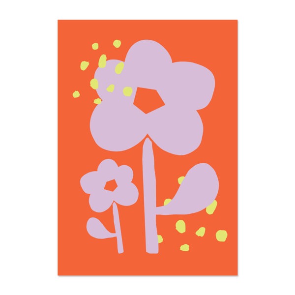 Poster met abstracte paarse bloem op oranje achtergrond.