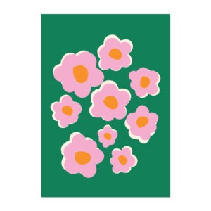 Poster met illustratie van abstracte bloemetjes in roze en groen.