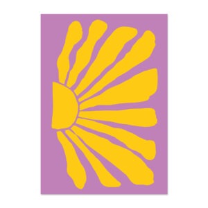 Poster met abstracte zon in paars en geel.