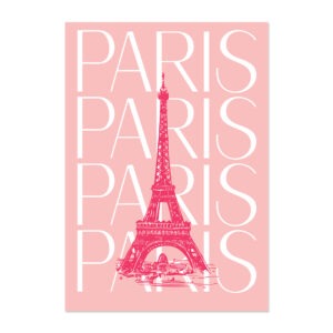 Poster Paris met Eiffeltoren en Paris in boutique lettertype in roze.