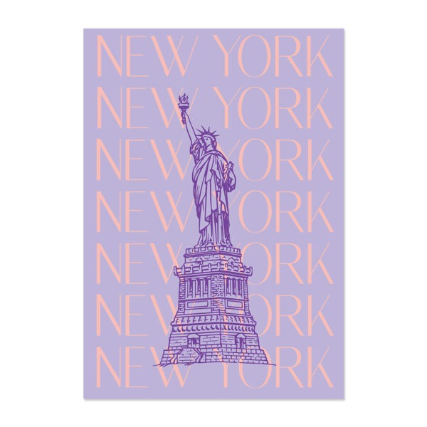 Poster New York in paars. Met Vrijheidsbeeld en tekst New York in boutique lettertype.