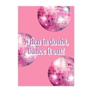 Poster met disco ballen en tekst in roze gedrukt op forex.