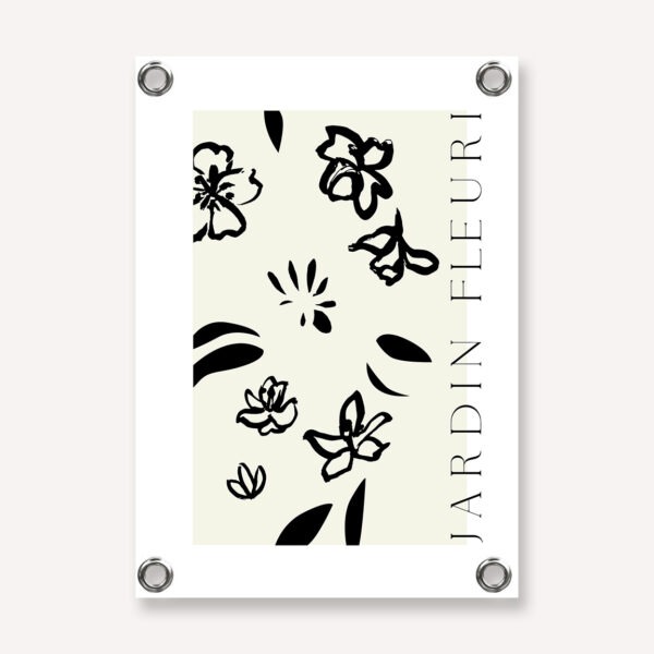 Tuinposter beige wit zwart met abstracte bloemetjes en franstalige tekst jardin fleuri