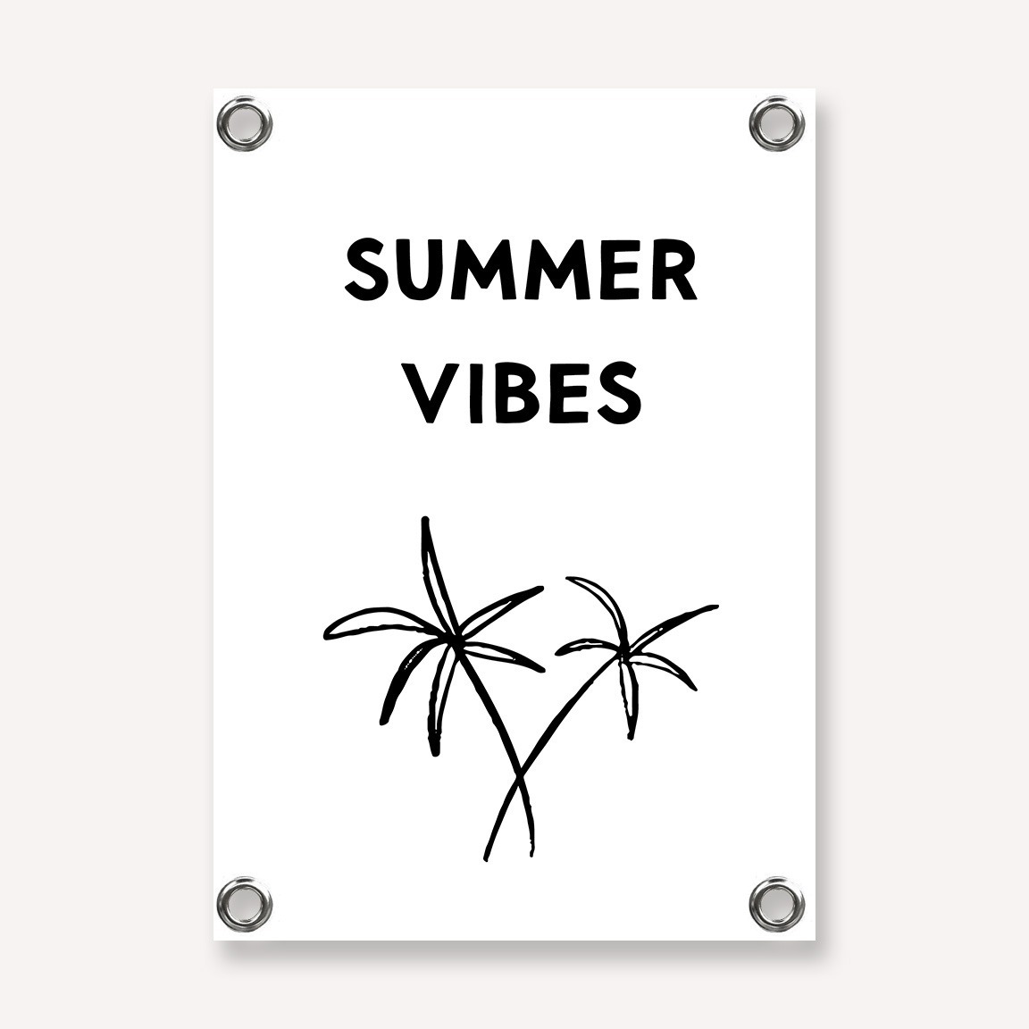 Tuinposter met twee palmbomen en de tekst summer vibes in wit met zwart.