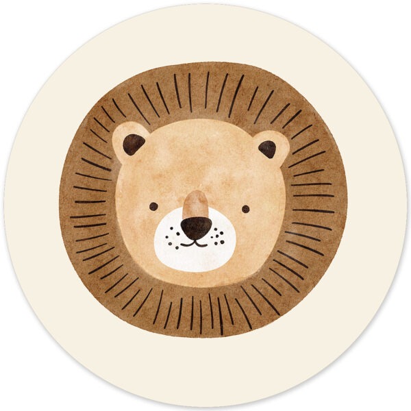 Muurcirkel voor op de kinderkamer met een schattig getekend hoofd van een leeuw.